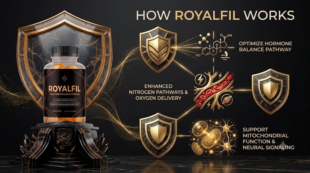 How Royalfil works: three mechanism pathway diagram